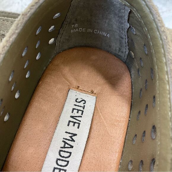 Steve Madden Widmer olive green leather suede perforated platform espadrilles 7B - Picture 9 of 14